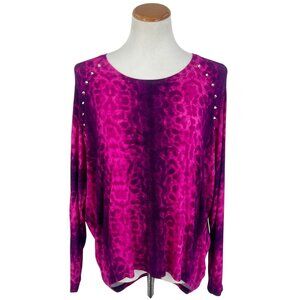 Michael Kors Designer Pink & Purple Leopard Print Studded Dolman Sleeve Top
